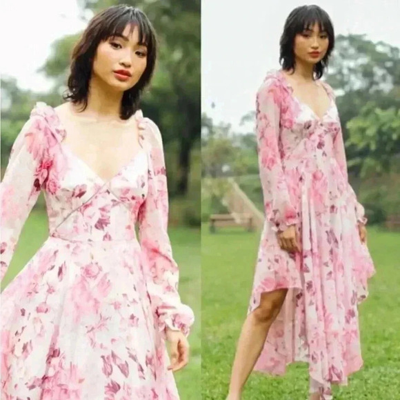 NWT SAU LEE Georgia Pink White Floral Chiffon Ruffle Midi Dress Gown Size 8 - Picture 1 of 10